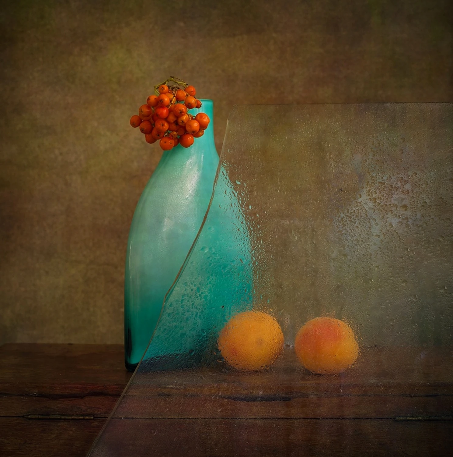 martwa natura z jarzębiną i morelami